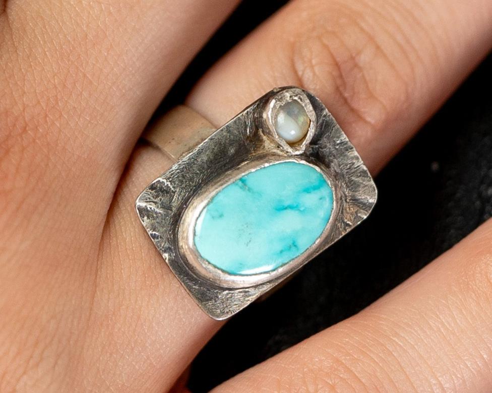 Turquoise & Mini Opal Silver Ring