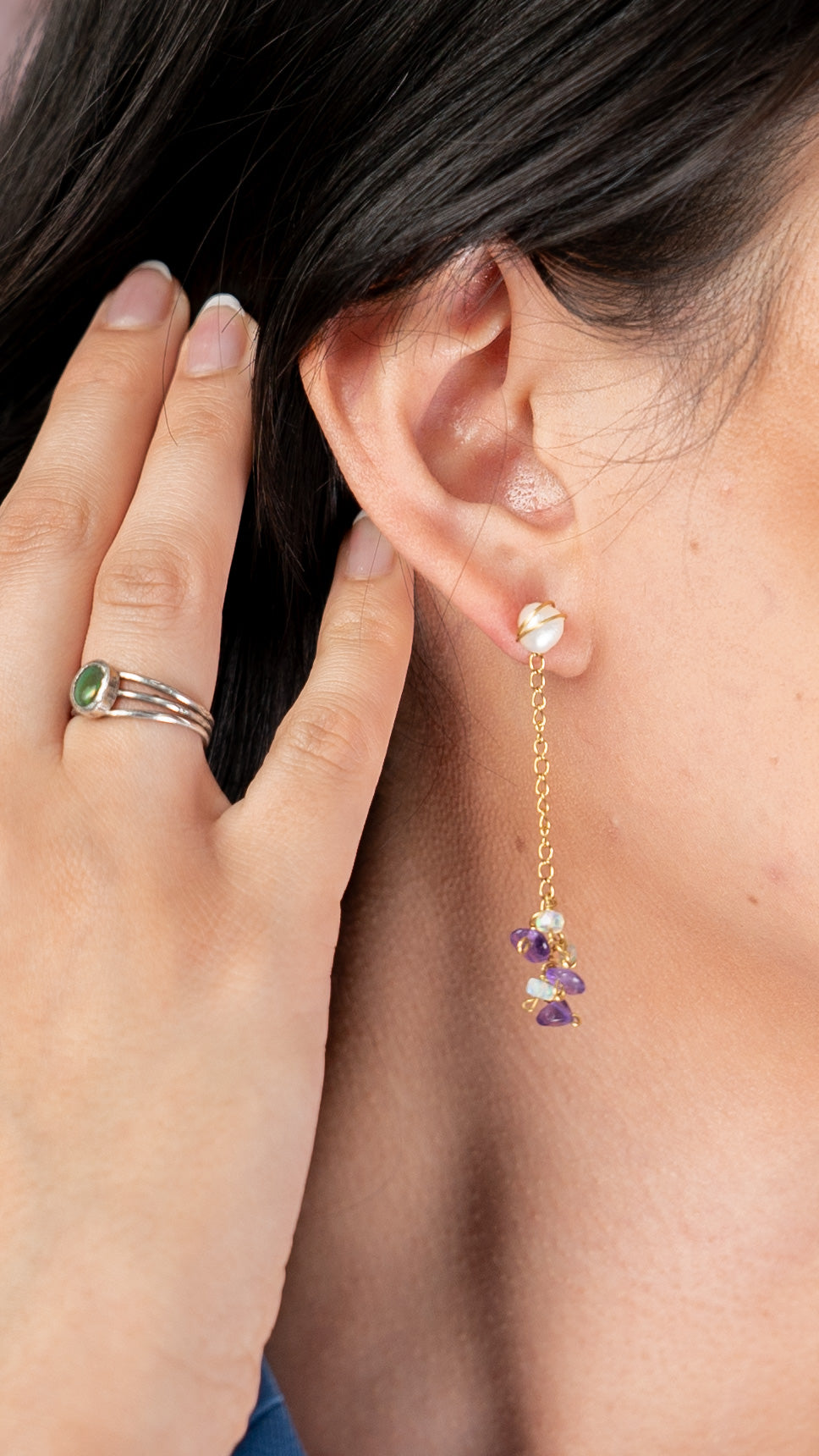 Mermaid Earrings Pearl with Amethyst & Colorful Ethiopian Opal Earrings