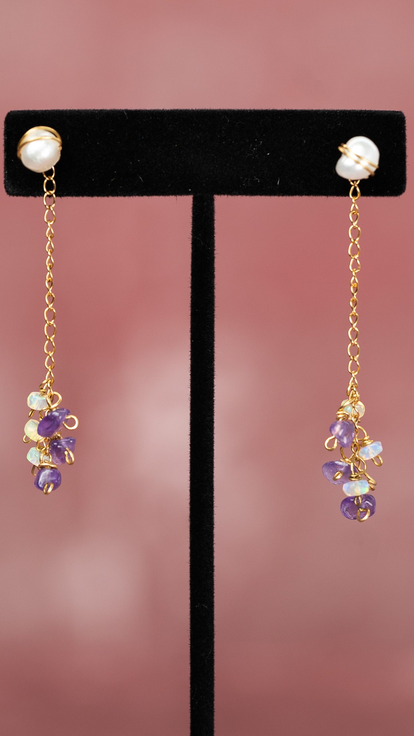 Mermaid Earrings Pearl with Amethyst & Colorful Ethiopian Opal Earrings