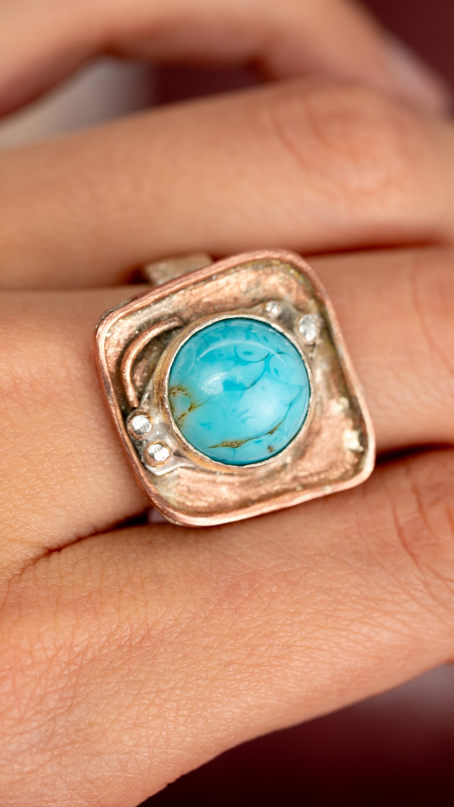 Silver Band with Turquoise in Copper Setting Ring