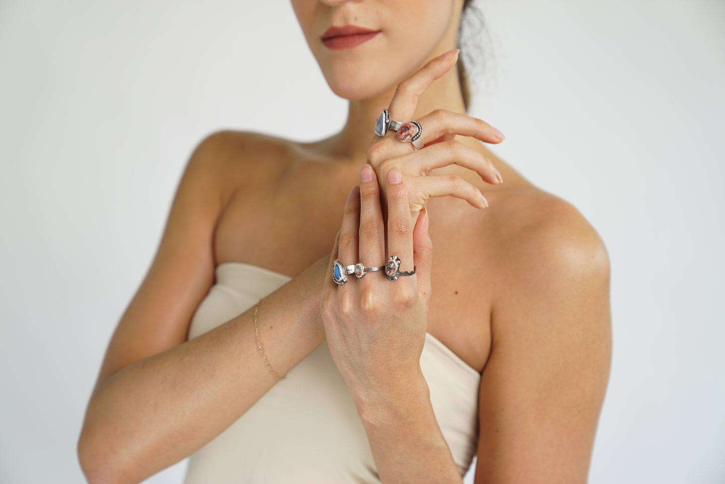 Mexican Cantera Opal Silver Ring - Mountain Textured Band