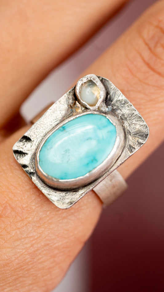 Turquoise & Mini Opal Silver Ring