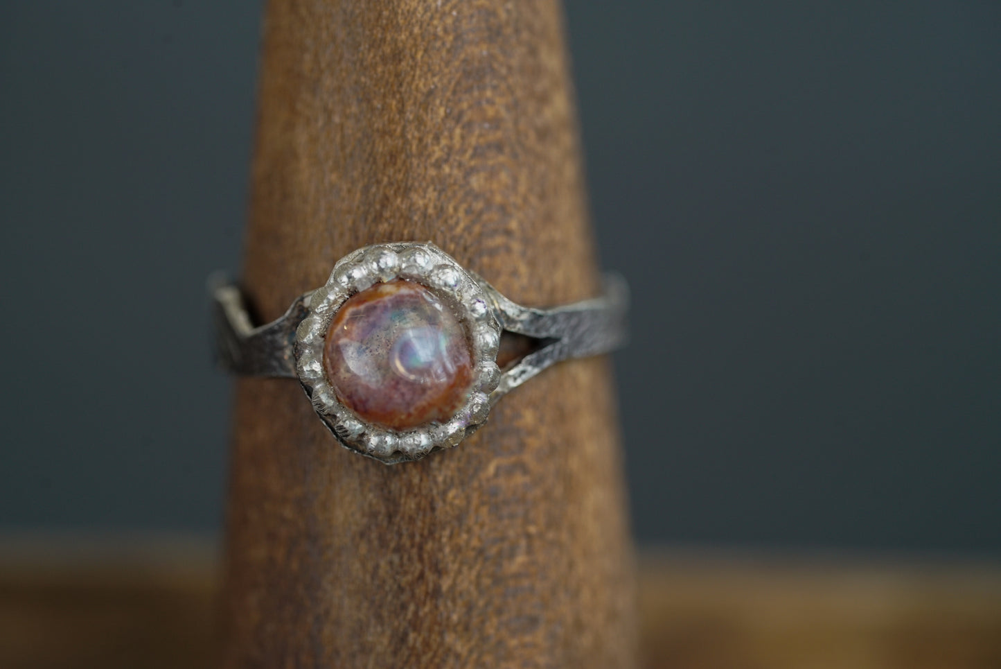 Mexican Cantera Opal Silver Ring - Mountain Textured Band