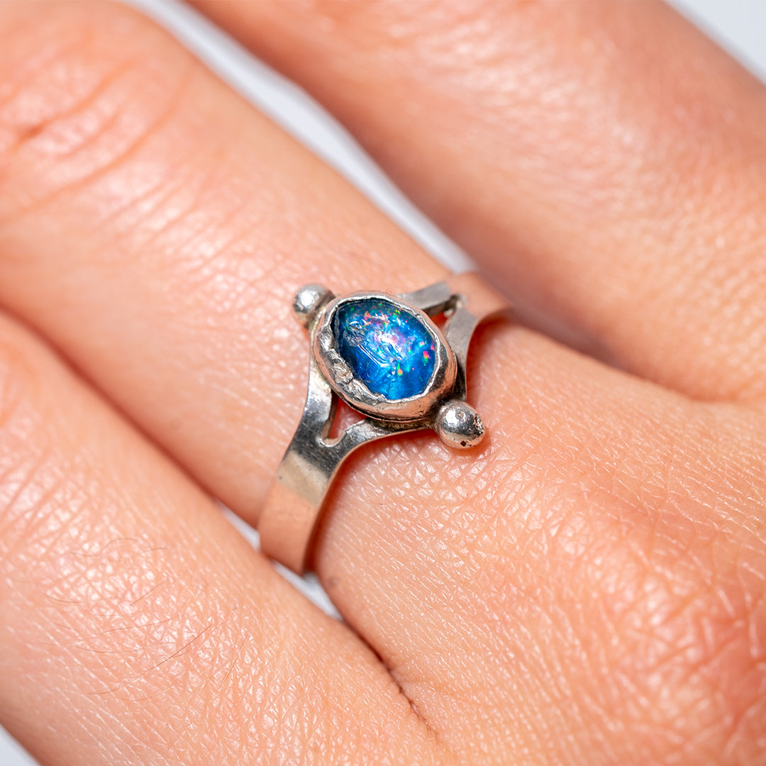 Blue Australian Opal Rough Cut Silver Ring