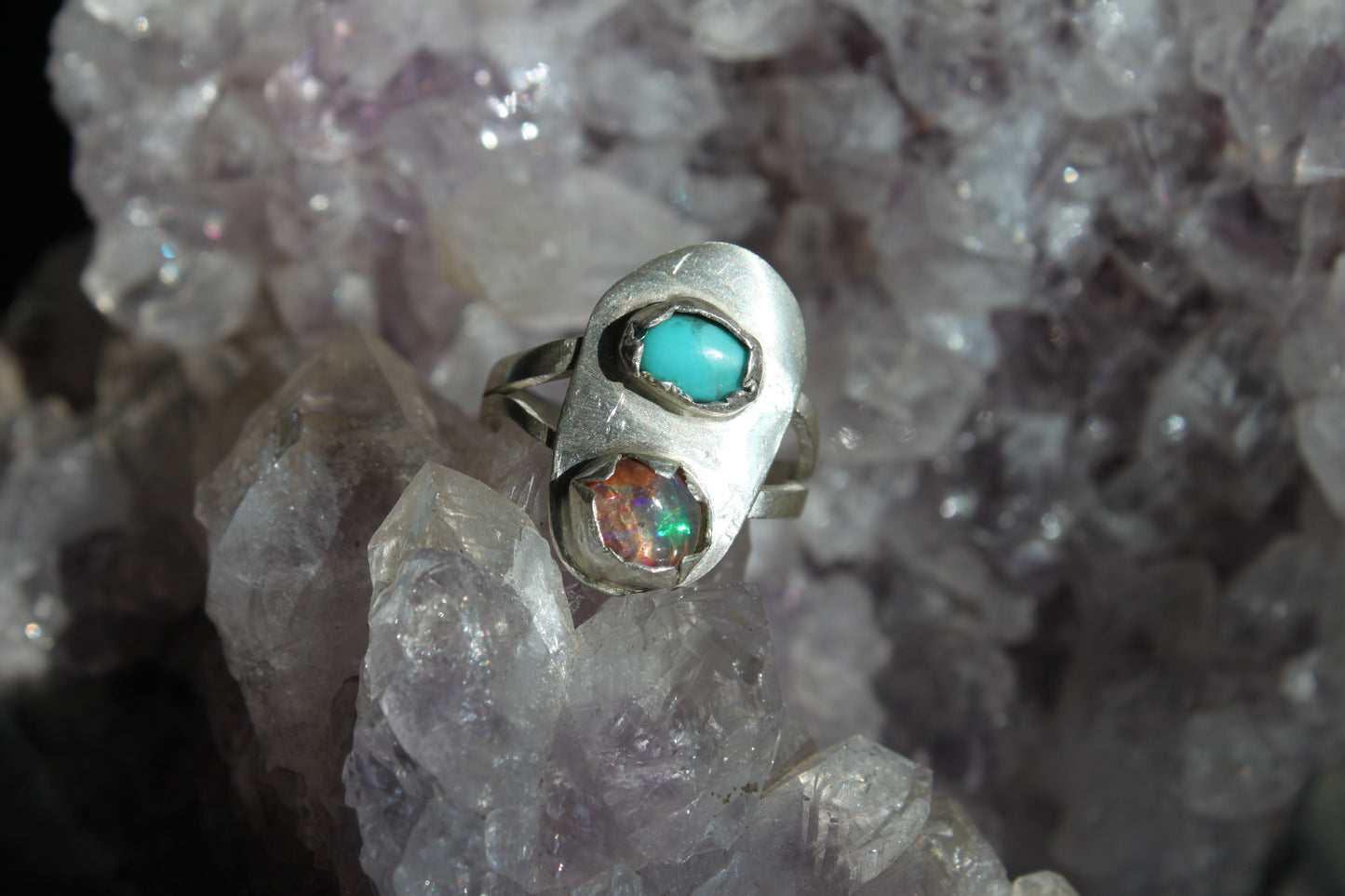 Ethiopian Opal with Turquoise Silver Ring